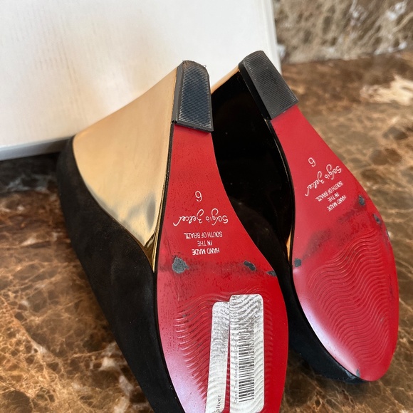 Sergio Zelcer Open Toe Black Velvet Wedge with Red Sole - Picture 8 of 10